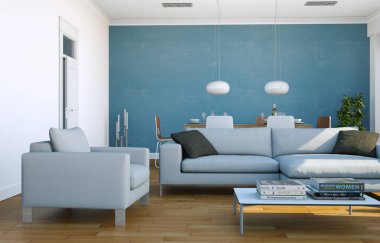 Modern parlak çatı iç tasarım kanepeler ve yemek masası ile