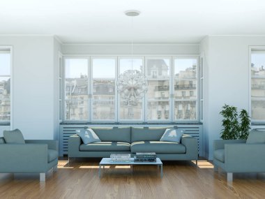 Modern parlak skandinavian iç tasarım oturma odası