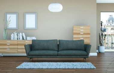 Modern parlak skandinavian iç tasarım oturma odası