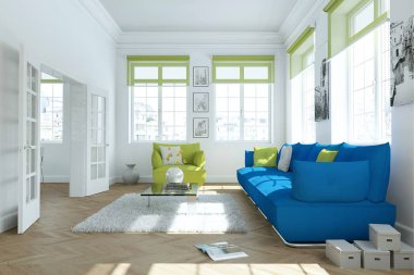 Modern parlak skandinavian iç tasarım oturma odası ile mavi kanepeler