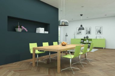 Modern parlak skandinavian iç tasarım yemek odası