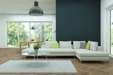 Modern beyaz skandinavian iç tasarım oturma odası 3d çizim