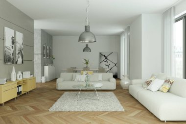 Modern parlak skandinavian iç tasarım oturma odası