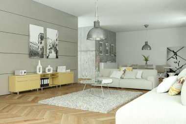 Modern parlak skandinavian iç tasarım oturma odası