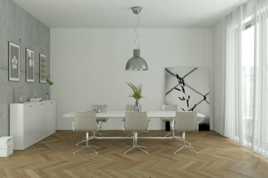 Modern parlak skandinavian iç tasarım yemek odası