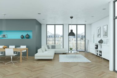 Modern parlak skandinavian iç tasarım oturma odası