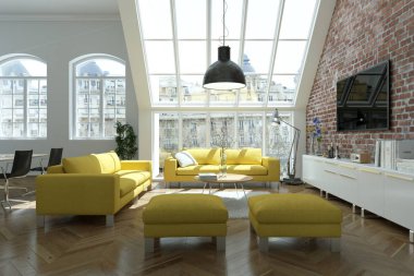 Modern parlak skandinavian sarı kanepe yatak odası iç tasarım