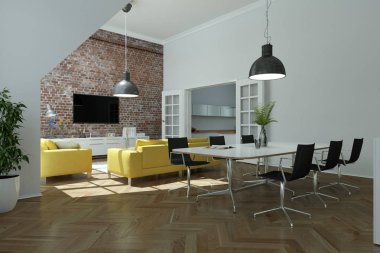 Modern parlak skandinavian sarı kanepe yatak odası iç tasarım