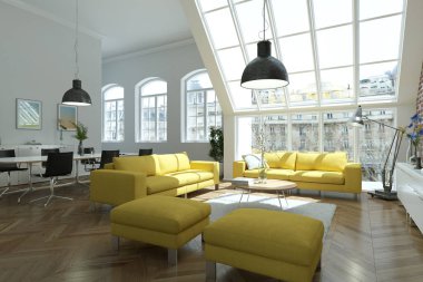 Modern parlak skandinavian sarı kanepe yatak odası iç tasarım