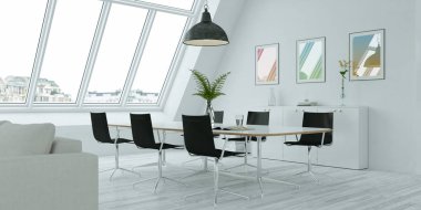 Modern parlak skandinavian iç tasarım yemek odası