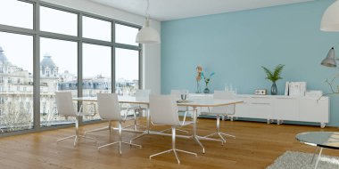 Modern parlak skandinavian iç tasarım yemek odası