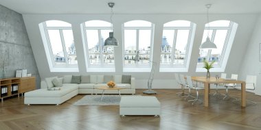 Beton duvar ile modern parlak skandinavian iç tasarım oturma odası