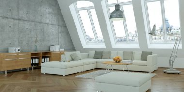 Beton duvar ile modern parlak skandinavian iç tasarım oturma odası