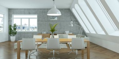 Beton duvar ile modern parlak skandinavian iç tasarım oturma odası