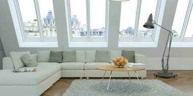 Beton duvar ile modern parlak skandinavian iç tasarım oturma odası