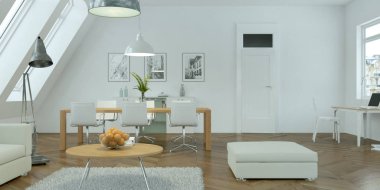 Beton duvar ile modern parlak skandinavian iç tasarım oturma odası