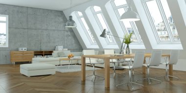 Beton duvar ile modern parlak skandinavian iç tasarım oturma odası