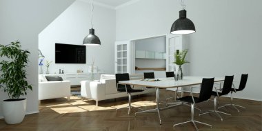 Modern parlak skandinavian iç tasarım oturma odası