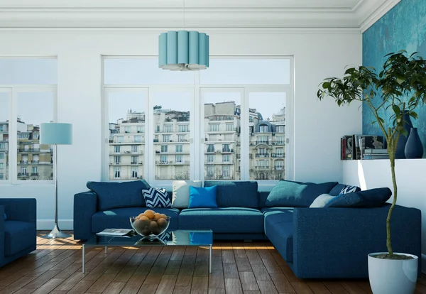 Современный дизайн интерьера светлой гостиной с голубыми диванами — стоковое фото