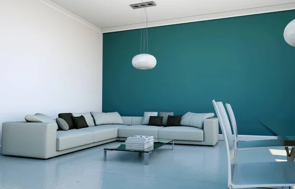 Modern desain interior apartemen cerah dengan sofa dan meja makan — Stok Foto