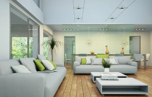 Design de interiores moderno loft brilhante com sofá e mesa de jantar — Fotografia de Stock