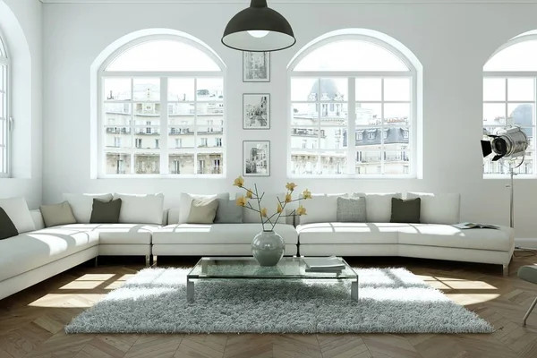 Moderno design de interiores skandinavian brilhante sala de estar — Fotografia de Stock