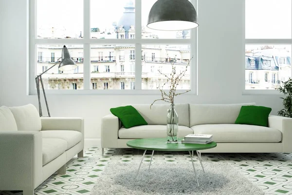 Modern beyaz skandinavian iç tasarım oturma odası 3d çizim