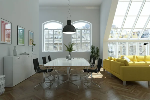 Moderno design de interiores skandinavian brilhante sala de estar com sofás amarelos — Fotografia de Stock