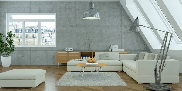 Beton duvar ile modern parlak skandinavian iç tasarım oturma odası