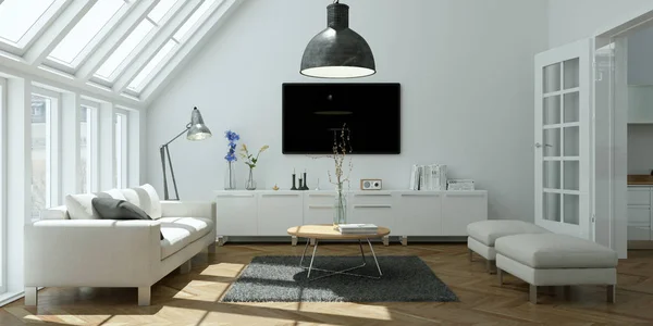 Moderní světlé skandinavian design interiéru obývacího pokoje — Stock fotografie