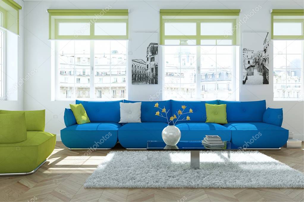 modern bright skandinavian interior design living room with with blue sofas