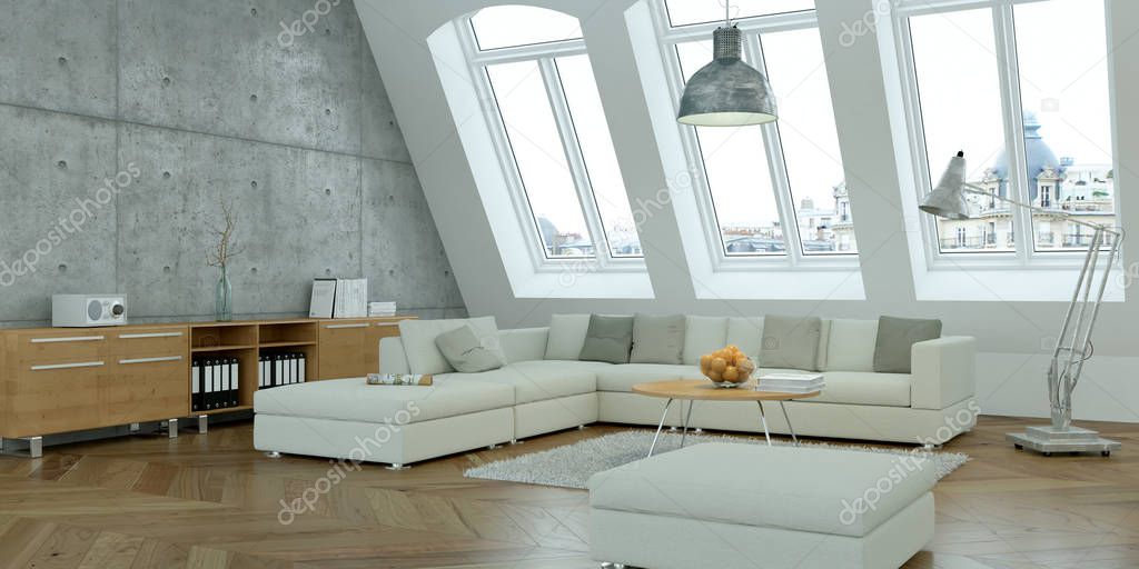 modern bright skandinavian interior design living room with concrete wall