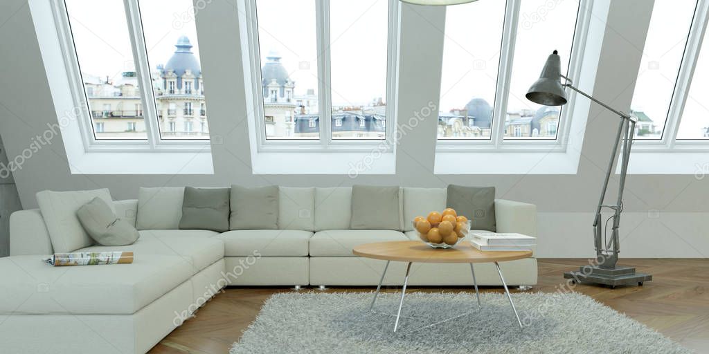 modern bright skandinavian interior design living room with concrete wall