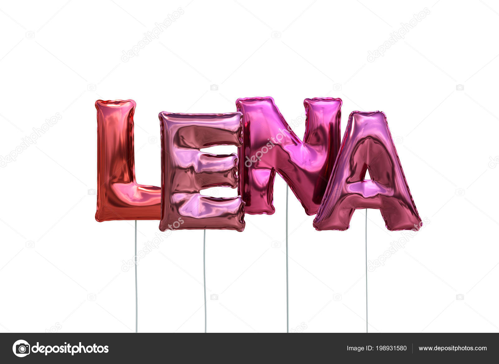 Name lena made of pink inflatable balloons isolated on white background