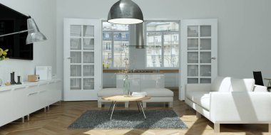 Modern parlak skandinavian iç tasarım oturma odası