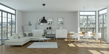 Modern parlak skandinavian düz iç tasarım