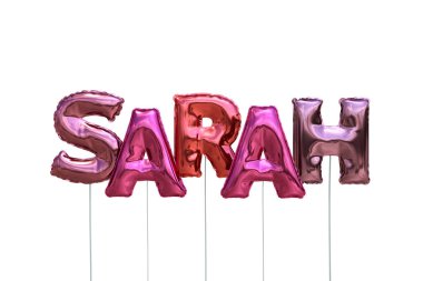 Beyaz arka plan üzerinde izole pembe Sisme Balonlar adı sarah yapılmış