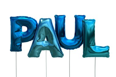 Beyaz arka plan üzerinde izole mavi Sisme Balonlar adı Paul yapılmış