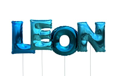 Beyaz arka plan üzerinde izole mavi Sisme Balonlar adı leon yapılmış