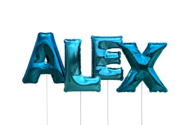 Beyaz arka plan üzerinde izole mavi Sisme Balonlar adı alex yapılmış