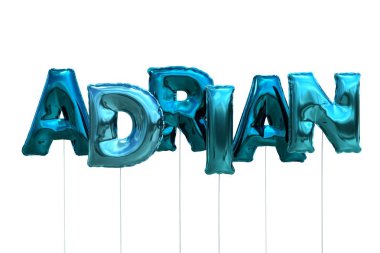 Beyaz arka plan üzerinde izole mavi Sisme Balonlar adı adrian yapılmış