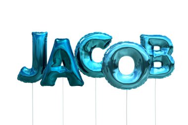 Beyaz arka plan üzerinde izole mavi Sisme Balonlar adı jacob yapılmış