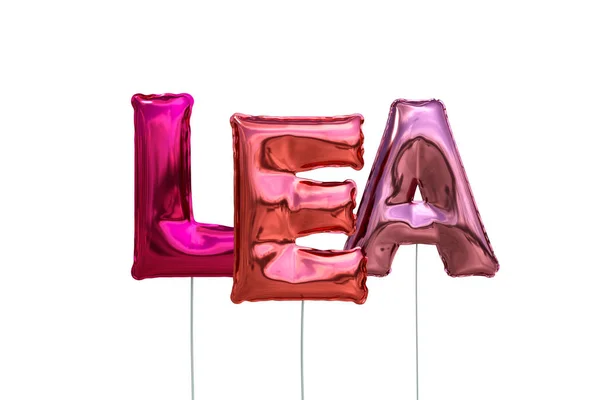 Naam Lea gemaakt van roze Luchtballons Opblaasbare geïsoleerd op witte achtergrond — Stockfoto
