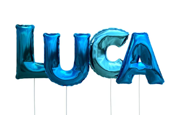 Name luca made of blue inflatable balloons isolated on white background — Stock Photo, Image