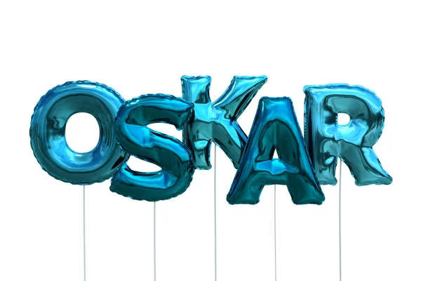 Naam oskar gemaakt van blauwe Luchtballons Opblaasbare geïsoleerd op witte achtergrond — Stockfoto
