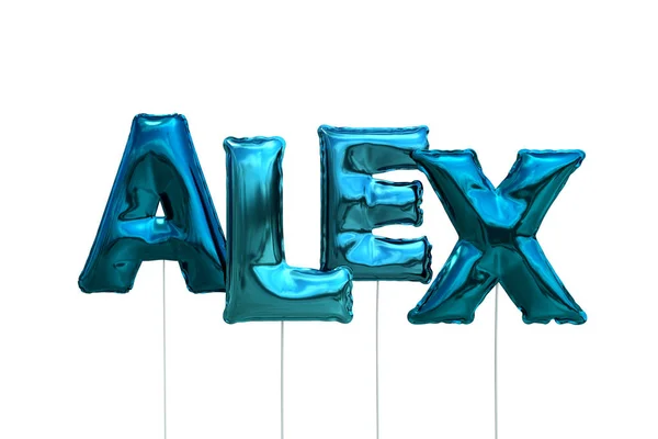 Nombre alex hecho de globos inflables azules aislados sobre fondo blanco — Foto de Stock
