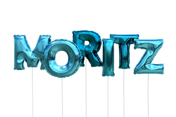 Naam moritz gemaakt van blauwe Luchtballons Opblaasbare geïsoleerd op witte achtergrond — Stockfoto