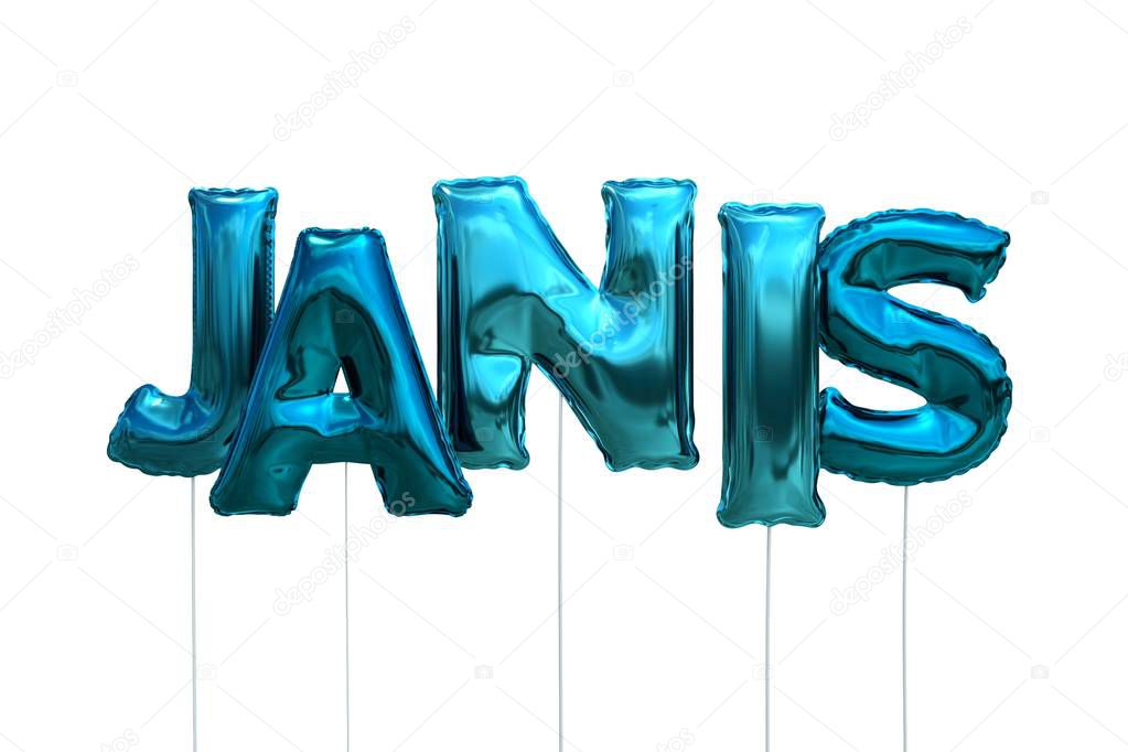 Name janis made of blue inflatable balloons isolated on white background