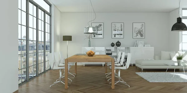 Современный светлый скандинавский интерьер столовой — стоковое фото