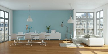 Modern parlak skandinavian iç tasarım yemek odası